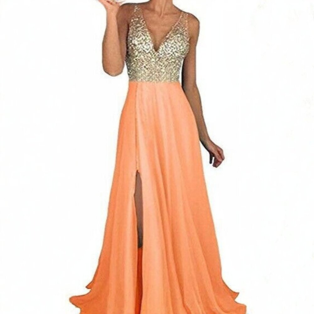 Peach Orange Gemstone Sequin Maxi Prom or Evening Dress